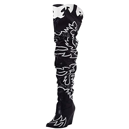 Cape Robbin Kelsey-21 Cowboy Boots Women, Over the Knee Western Cowgirl Boots with Chunky Block Heels, Fashion Dress Boots for Women - Black Size 7.5