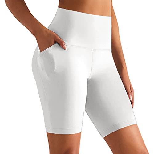 GROTEEN High Waisted Biker Shorts with Pockets for Women Yoga Workout Tummy Control Gym Running Shorts Leggings (Large-X-Large, White)