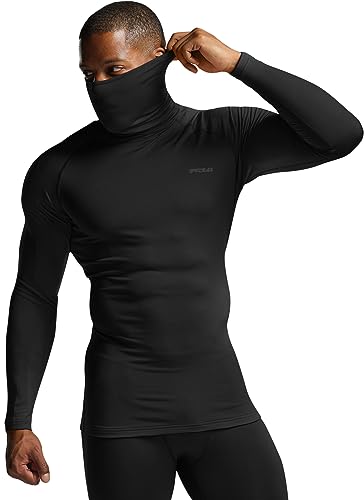 TSLA Men's Thermal Long Sleeve Compression Shirts, Mock/Turtleneck Winter Sports Running Base Layer Top, Heatlock Face Cover Black, X-Large