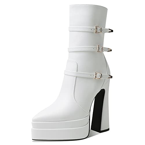 Artrotter Women's Pointed Toe Platform Boots Buckle High Heel Combat Boots with Size Zipper, Double Stacked Platform Booties