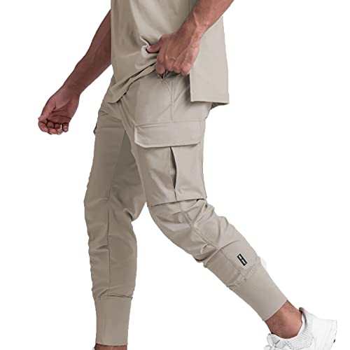 Mens Joggers Black Khaki Men's Cargo Pants Drawstring Skinny Stretch Waist Cycling Climbing Sweatpants Fashion Beam Feet Slacks Tapered Khaki M