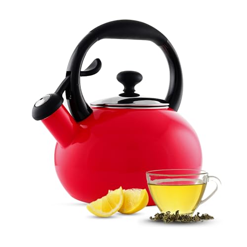 Chantal 1.8 QT Kettle, Buttons Series, Premium Enamel on Carbon Steel, Whistling, Even Heating & Quick Boil (Red)