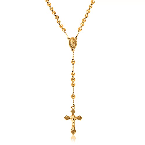 Savlano 14K Gold Plated Beaded Rosary Cross Necklace – 6.5MM Crucifix Cross Medallion Rosary Chain Y-Necklace for Women & Men Religious Jewelry Comes in Gold, Gold-Rose-Silver with a Gift Box (Y)