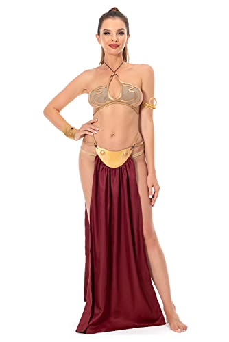 Xikaufo Adult Princess Leia Slave Outfit Bikini Carnival Cosplay Costume Dress Gold Bra Halloween Costume for Women(M)