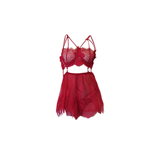 Erotic Lingerie Ladies Sexy Sheer Mesh Nightdress Suit Womens Plus Size Lingerie Sexy (Red, A)