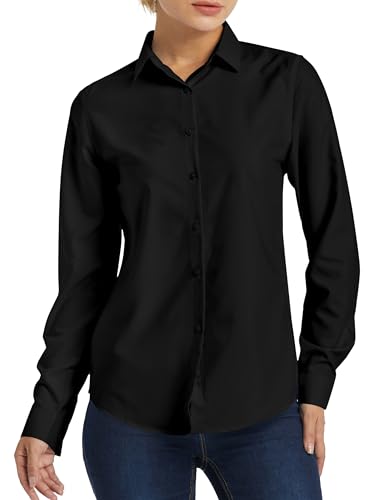 Ruisin Women's Comfy Button-Down Shirt - Long Sleeve, Wrinkle-Free, Black, Size M