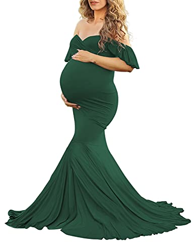 Saslax Off Shoulder Ruffle Sleeves Elegant Fitted Maxi Maternity Dress for Photoshoot Baby Shower, Dark Green X-Large