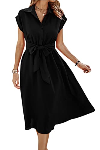 ECOWISH Womens Casual Midi Dresses Solid V Neck Short Sleeve Shirt Dress with Pockets for Spring Summer 2024 Black L