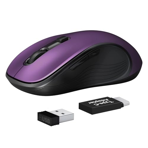 Deeliva Wireless Mouse, Computer Mouse Wireless 2.4G USB Cordless Mouse with 3 Adjustable DPI, 6 Buttons, Ergonomic Silent Mice with Type-C Adapter for Laptop PC Computer Chromebook (Purple)