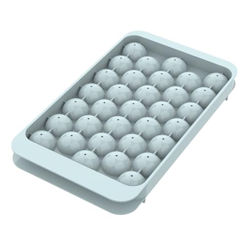 WIBIMEN Ice Cube Tray for Freezer with Lid & Bin, 1'x33 Round Ice Cube Mold, Small Circle Ice Cube Tray Making Sphere Ice Chilling Cocktail Tea Coffee