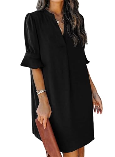 QACOHU Black Dress 2024 Women's Summer Tunic Dress V Neck Casual Loose Flowy Swing Shift Dress 2024 Dresses for Women Black XL