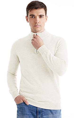 100 Percent Pure Wool Quarter Zip Sweater Long Sleeve Mens Sweaters, Best Presents for Family White