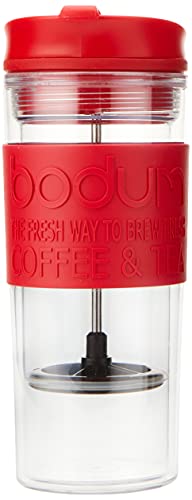 Bodum Insulated Plastic Travel French Press Coffee and Tea Mug, 0.45 L, 15oz, Red