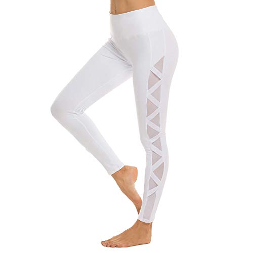 romansong Yoga Leggings Mesh High Waisted with Pockets Sports Gym Running Leggings Active Wear Athletic Pants for Women(White,Medium)