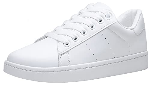 Vepose Women's Fashion Sneakers, PU Leather Laces Casual Sneakers, Full White, Size 8 US -Walking Low Platform Shoes(CJY8002 White 08)