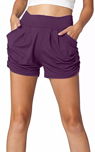 Solid Plum Shorts for Women High Waisted Shorts Women with Pockets - Comfy Soft Casual Flowy Shorts for Summer - Stretchy Womens Shorts - Large - X-Large - NS01-Plum-LX