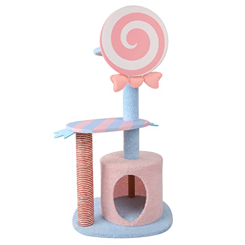 Lucky Monet Pink Cute Cat Tree 38 Inches 3-Tier Candy-Inspired Cat Tower Unique Cat Activity Tree Cat Climbing Tower with Scratching Post