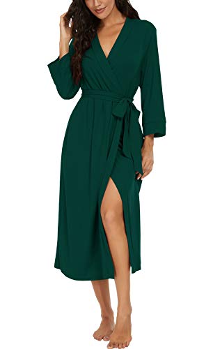 VINTATRE Women Kimono Robes Long Knit Bathrobe Lightweight Soft Knit Sleepwear V-neck Casual Ladies Loungewear Dark Green-Large
