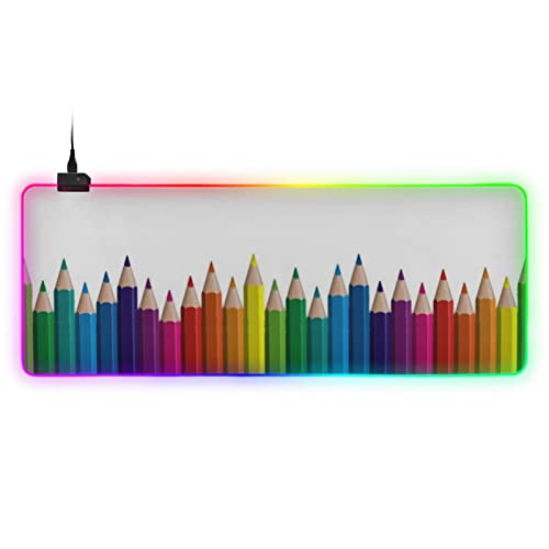 Large RGB Gaming Mouse Pad Seamless Colored Pencils Row Wave On Glowing Extended Mousepad 31.5x11.8in, Soft Anti-Slip Rubber Base Luminous Mouse Mat for Pc Laptop, Gaming, Office, Home