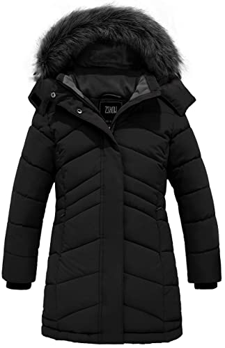 ZSHOW Girls' Outdoor Winter Coat Warm Fleece Lined Puffer Jacket with Fur Hood(Black,10-12)