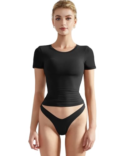 SUUKSESS Women Double Lined Fitted Basic Tee Shirts Crew Neck Short Sleeve Y2K Going Out Crop Tops (Jet Black, S)