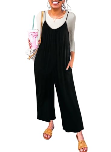 Happy Sailed Womens Summer Solid Sleeveless Wide Leg Jumpsuits Spaghetti Strap Stretchy Long Pant Rompers Jersey Medium A Black