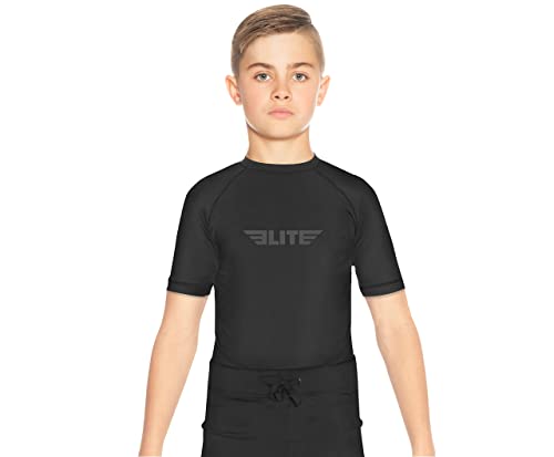 Elite Sports Rash Guards for Boys and Girls, Short Sleeve Compression BJJ Kids and Youth Rash Guard (Black, Small)