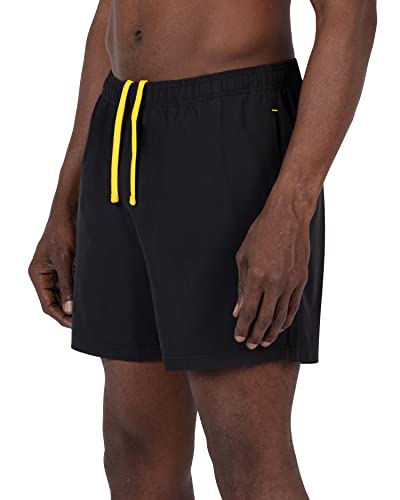 Layer 8 Men's Swim Shorts 5 Inch Inseam Gym to Swim Trunks Athletic Fit with Zip Back Pocket and Side Pockets (Medium, Black)