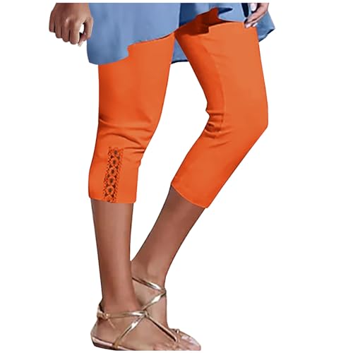 bawilom Womens Capri Leggings Summer Beach Cropped Pants Workout Joggers Hollow Out Stretchy Yoga Lounge Trouser with Pocket Orange