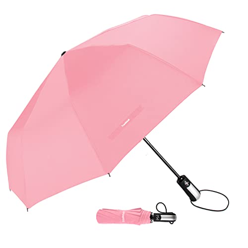 TradMall Travel Umbrella Windproof with 56 Inches Large Canopy 10 Reinforced Fiberglass Ribs Ergonomic Handle Auto Open & Close, Pink