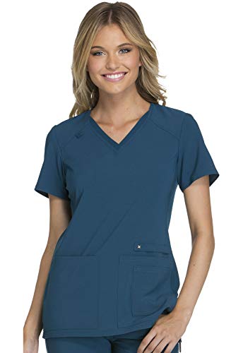 Cherokee Women's Iflex V-Neck Knit Panel Top, Caribbean Blue, Large