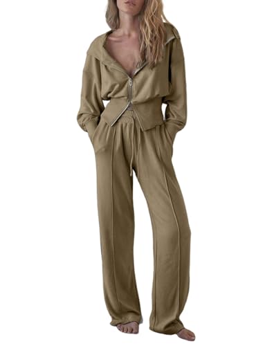 Herseas 2 Piece Activewear Sets for Women Y2K Hoodie Crop Top Long Sleeve Zip Up with Jogging Pants Matching Suit Going Out Sets Beige X-Large 16 18