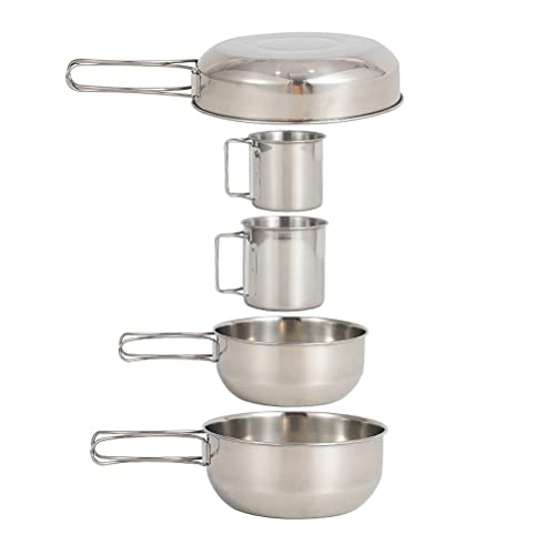 Pack of 5 Portable Stainless Steel Camping Cookware Pot Set, Includes Large Cooking Pot, Medium Cooking Pot, Frying Pot and 2 Mugs for Backpacking Hiking Traveling Outdoor Picnic Coffee Tea Cooking