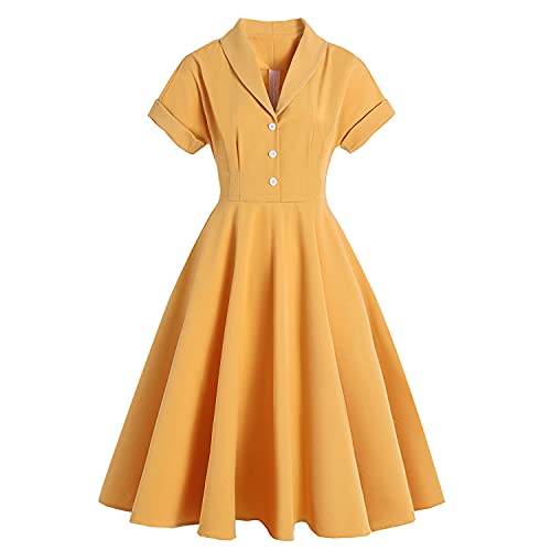 Women 50s Vintage Short Sleeve V-Neck Cocktail Swing Dress Notch Lapel 1950s Rockabilly Prom Dress Button Up A Line Flared Skater Party Gown Bridesmaid Evening Dress with Pockets Ginger Yellow XL