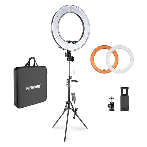 NEEWER 18 inch Ring Light with Stand, 50W LED Dimmable Ringlight with Filter, Remote Shutter, Phone Holder & Bag for Salon Makeup Tattoo Studio, Live Stream, YouTube/TikTok Video (US Plug)