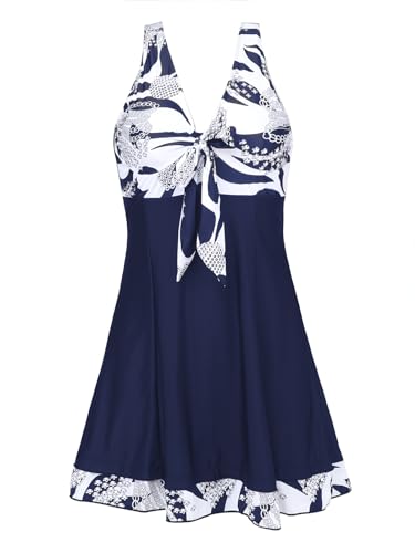 MiYang Women's One Piece High Waist Padded Swim Dress, Navy Flower, Tag Size 2XL=M (US 8-10)