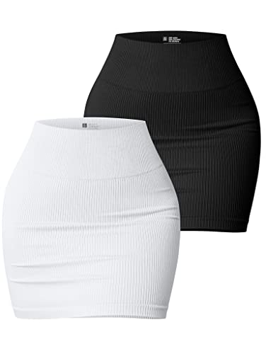 OQQ Women's 2 Piece Basic Versatile Stretchy Ribbed Casual High Waist Mini Skirt, Black White1, Large