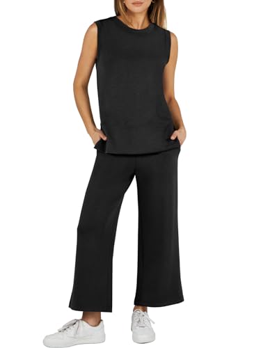 ANRABESS Women's 2 Piece Sets Summer Outfits Sleeveless Wide Leg Tracksuits Casual Sweat Sets Lounge Sweatsuits Black Medium