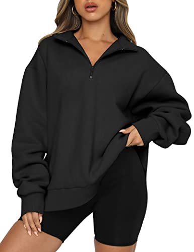 Trendy Queen Womens Oversized Half Zip Pullover Long Sleeve Sweatshirts Quarter Zip Hoodies Sweaters Teen Girls Fall Y2K Clothes Black