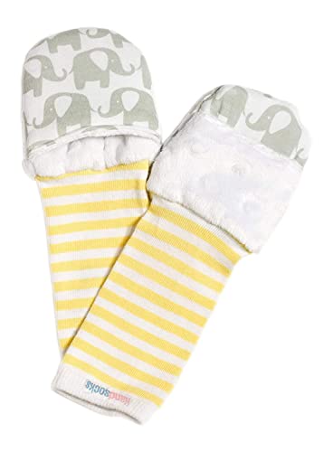 Handsocks Plushy Stay On Strap-Free No-Scratch & Warmth Mittens (Medium 6-12 Months. Bicep Size Should be Bicep 5.0'-8.0'), Olivia (Grey/Yellow Elephant) - One Pair