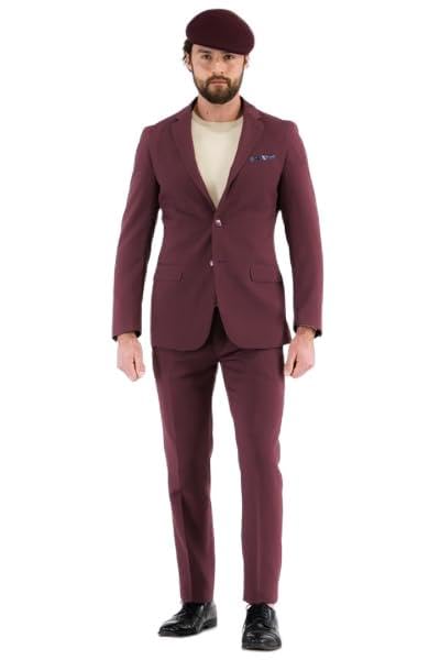 Ferrecci Men's Slim Fit 2 Piece Suit, Two Button Solid Jacket Pants Set - Suits for Men - Men's Suits - Made in USA Burgundy