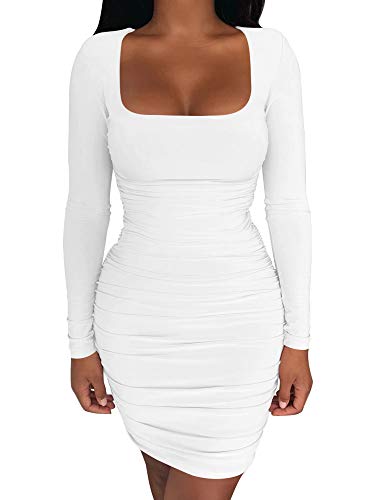Kaximil Women's Sexy Bodycon Ruched Mini Club Dress Long Sleeve Basic Casual Dresses,Small,White