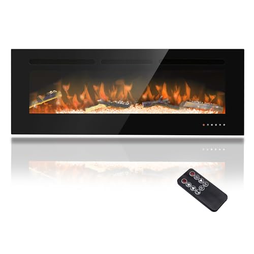 Sumajuc 50 inch Ultra-Thin Electric Fireplace Recessed and Wall Mounted,32 Color Combinations Adjustable Fireplace,750/1500W Heater w/Thermostat,Timer,Touch Screen & Remote Control,Log Set & Crysta