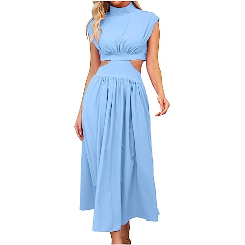 Women's Summer Dresses Casual Turtle Neck Short Sleeve Maxi Long Dress Elegant Sexy Hollow Out High Waist Party Dress Amazon Deals of The Day Evening Dresses for Women Light Blue