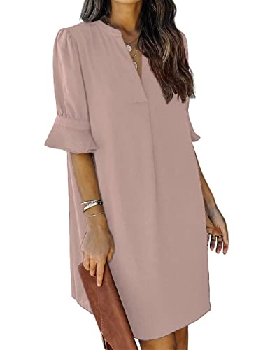 QACOHU 2023 Women's Casual Loose Sundress Mini Dress Short Sleeve Shift Dresses Summer Beach Dress Grey Pink L