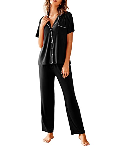Avidlove Women Pajamas Set Notch Collar Soft Sleepwear Pjs Short Sleeve Button Down Nightwear with Long Pants Black