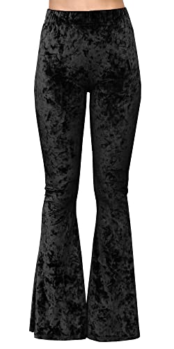 Daisy Del Sol Crushed Velvet High Waisted Comfy Soft Stretch 70s Yoga Loungewear Bell Bottom Flare Pants (XL, Black)