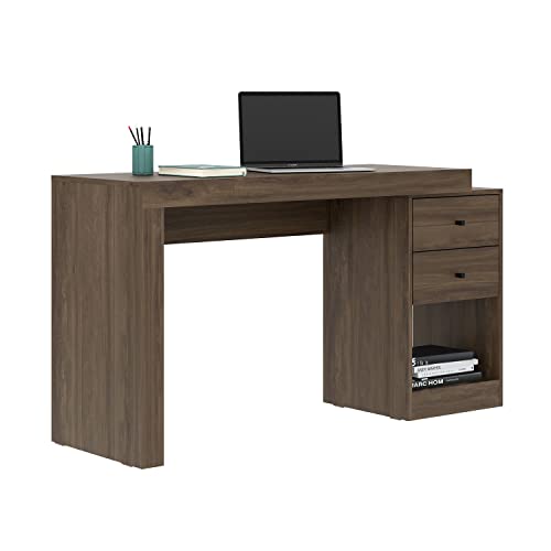 Techni Mobili Expandable Desk with Storage Drawers & Open Shelf - Expands from 47 Inch to 57 Inch - Walnut Computer Desk with Printer Space - Modern Home Office Table with Drawers Blanco Collection