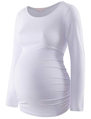 Long Sleeve Maternity Shirt Basic Layering Top Ruch Sides Bodycon Tshirt for Pregnant Women White M