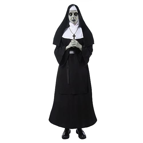 Maooye Nun Costume for Women, Nun Dress with Scary Nun Mask, Various Size Adult Halloween Nun Outfit Cosplay, White